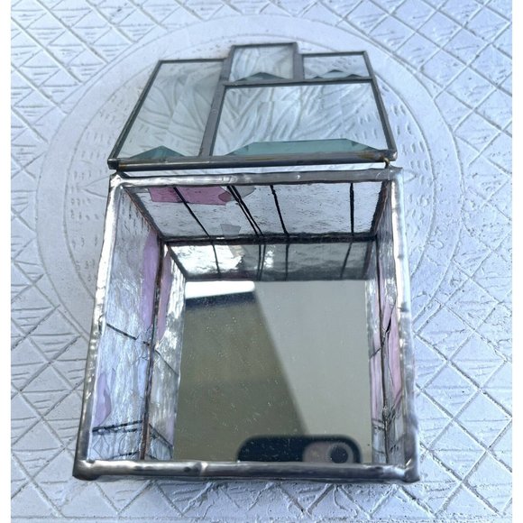 1980s STAINED GLASS MIRROR JEWELRY TRINKET Beveled CUBIST ABSTRACT HINGED BOX - Picture 3 of 12